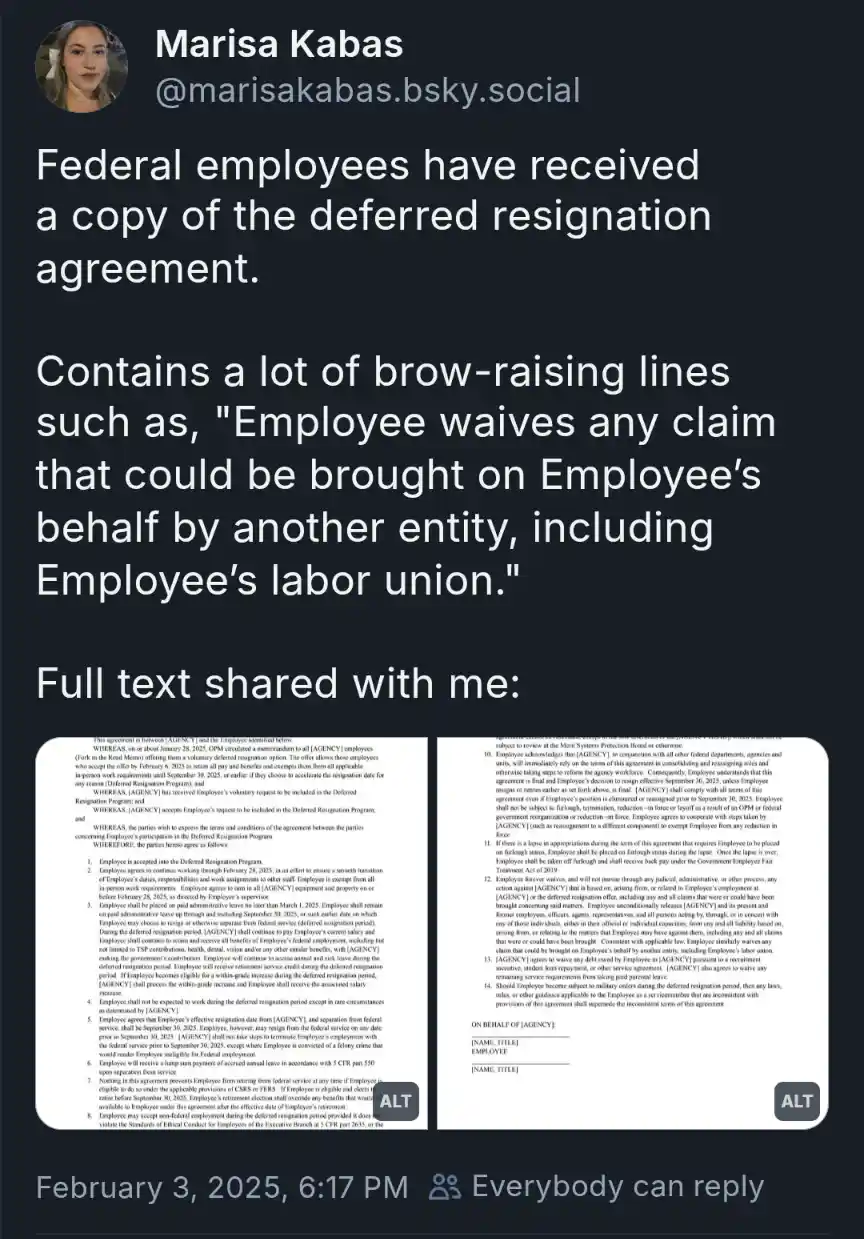 A social media post by Marisa Kabas shows two screenshots of a federal deferred resignation agreement. The text highlights…