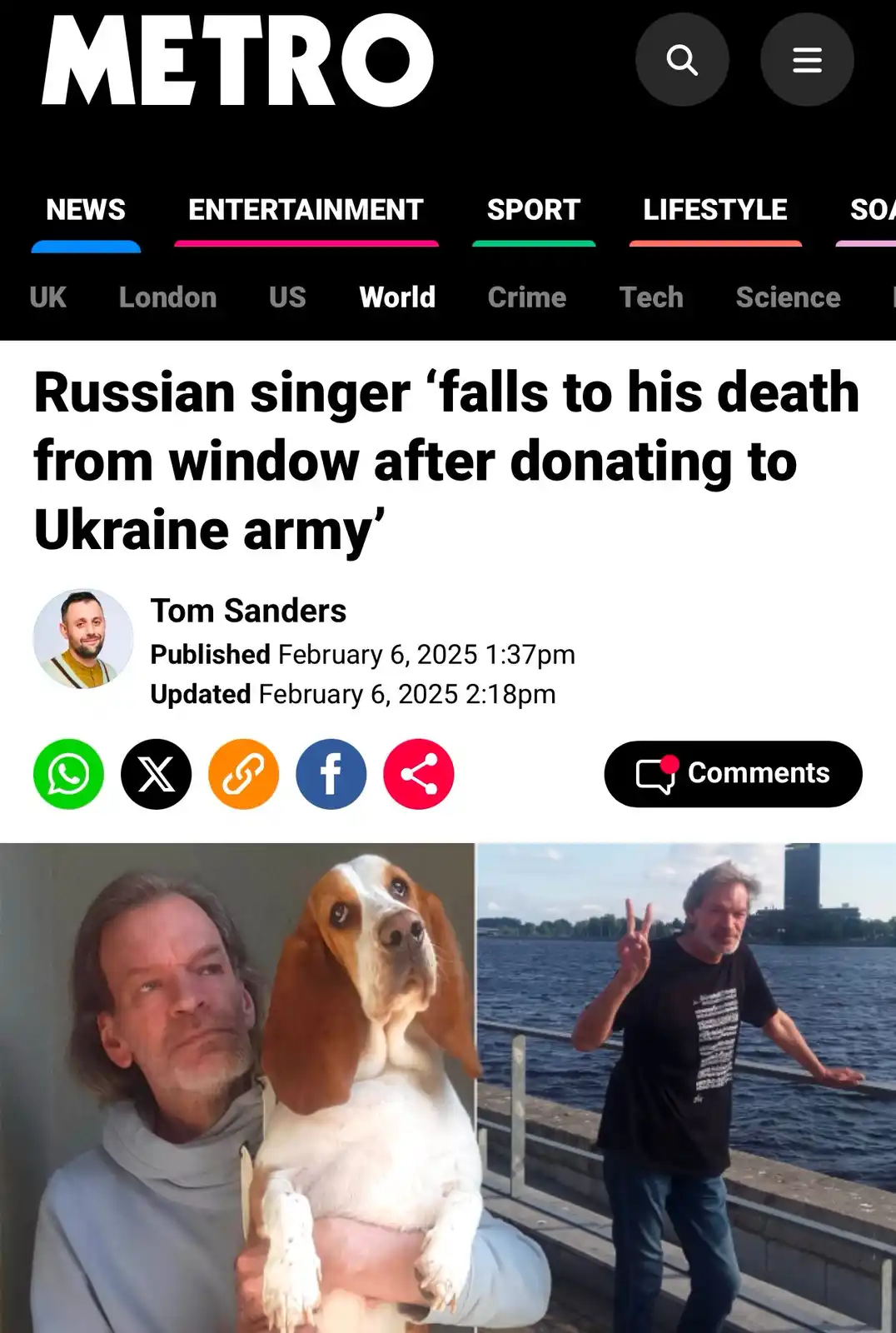 A screenshot of a fake Metro news article with the headline 'Russian singer 'falls to his death from window after donating…