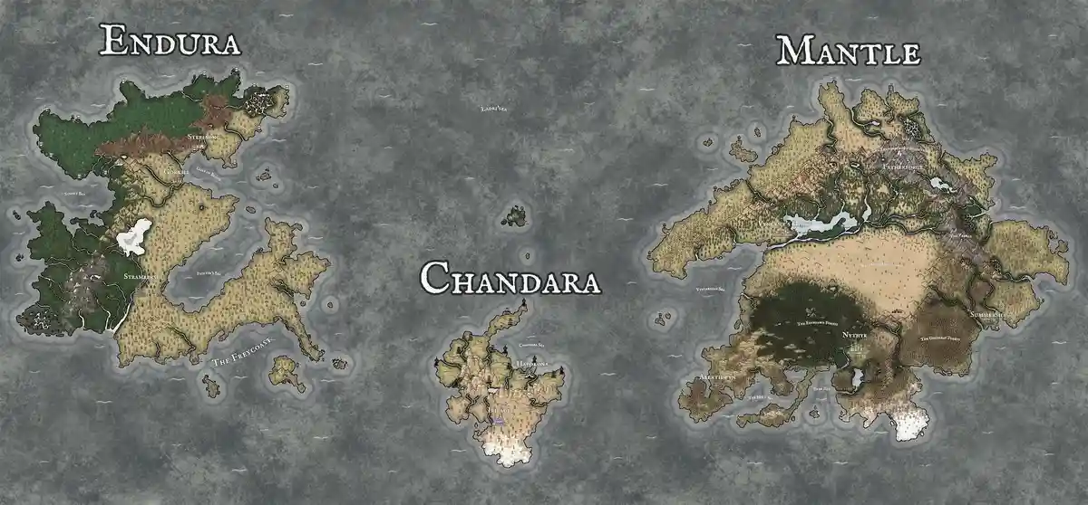 A fantasy world map showing three continents labeled Endura, Mantle, and Chandara, with detailed terrain, coastlines, and…