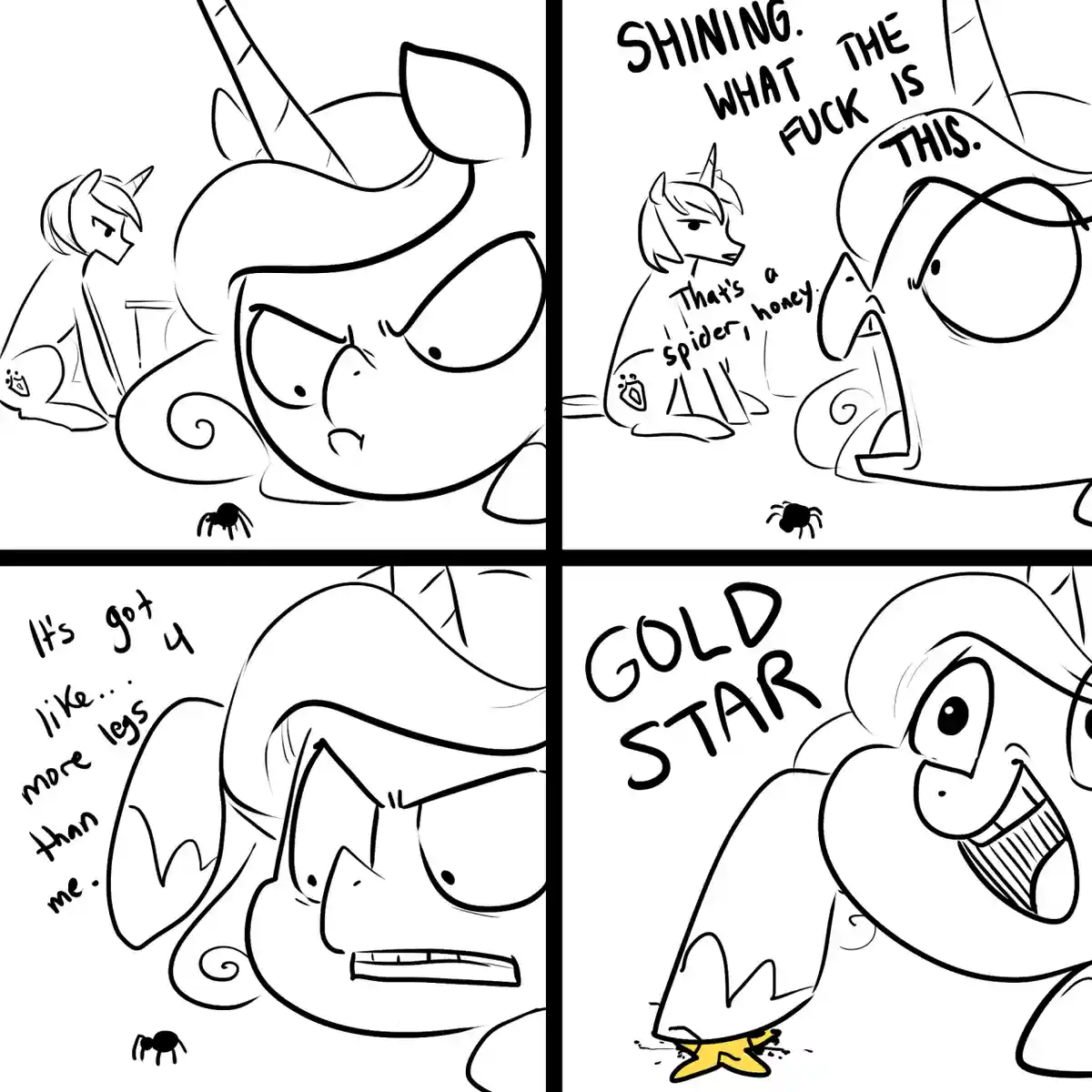 A four-panel comic strip featuring two cartoon unicorns reacting to a small spider. The first panel shows a large unicorn…