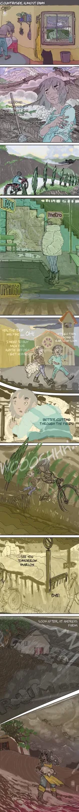 A comic strip depicts a young person finishing chores at dawn, wondering if a friend named Marlon has left. They ride a bike…