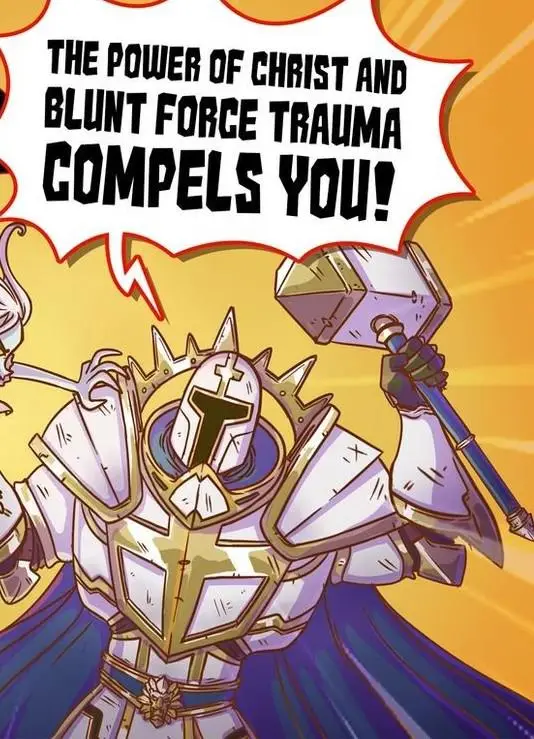 A cartoon knight in white and gold armor with a blue cape and a helmet featuring a cross, holding a hammer in one hand and a…