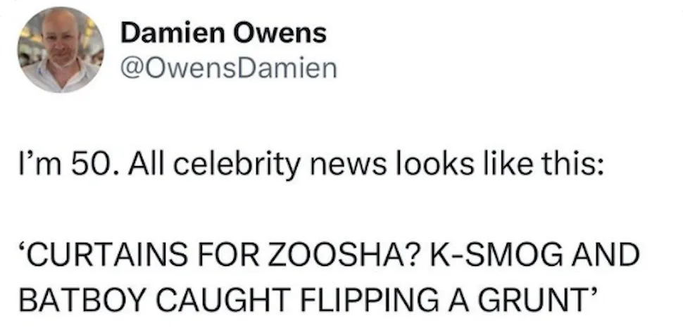 A screenshot of a tweet by Damien Owens (@OwensDamien) showing his profile picture and text. The tweet reads: 'I'm 50. All…
