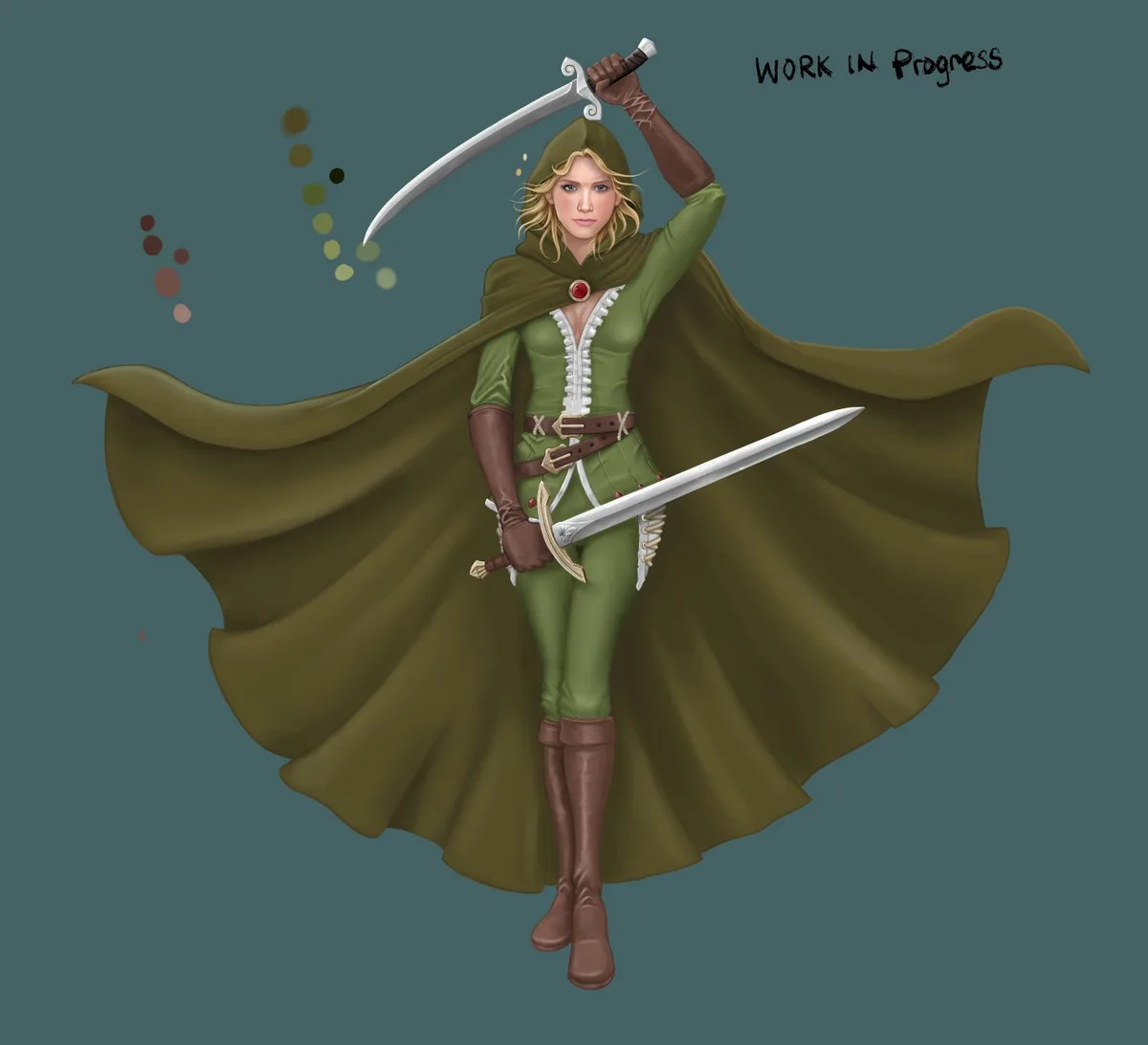A digital illustration of a female fantasy warrior in a green hooded outfit and cape, holding two swords, with the text…