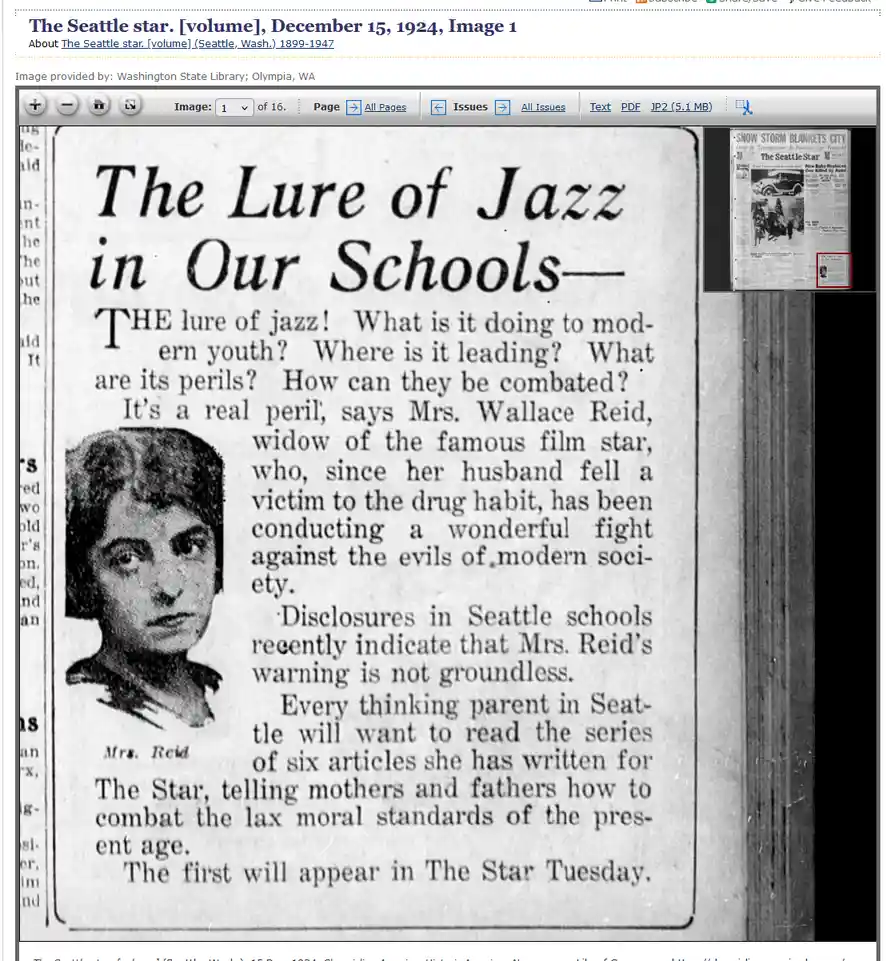 A 1924 newspaper clipping from The Seattle Star features an article titled 'The Lure of Jazz in Our Schools,' which warns…