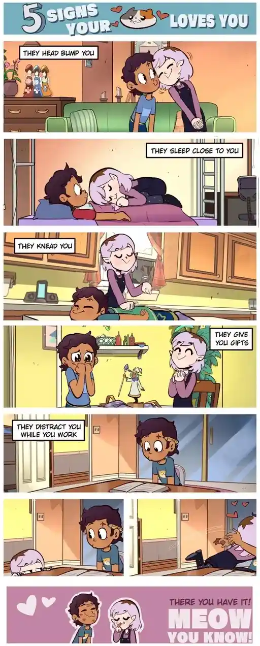 A six-panel comic strip from 'The Owl House' featuring Luz and Amity. The top panel reads '5 SIGNS YOUR LOVES YOU' with a…