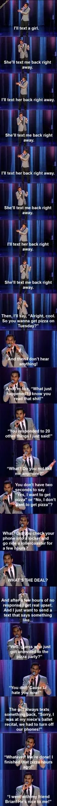 A man in a suit and tie stands on a stage with a microphone, delivering a comedic monologue in a series of panels. The text…