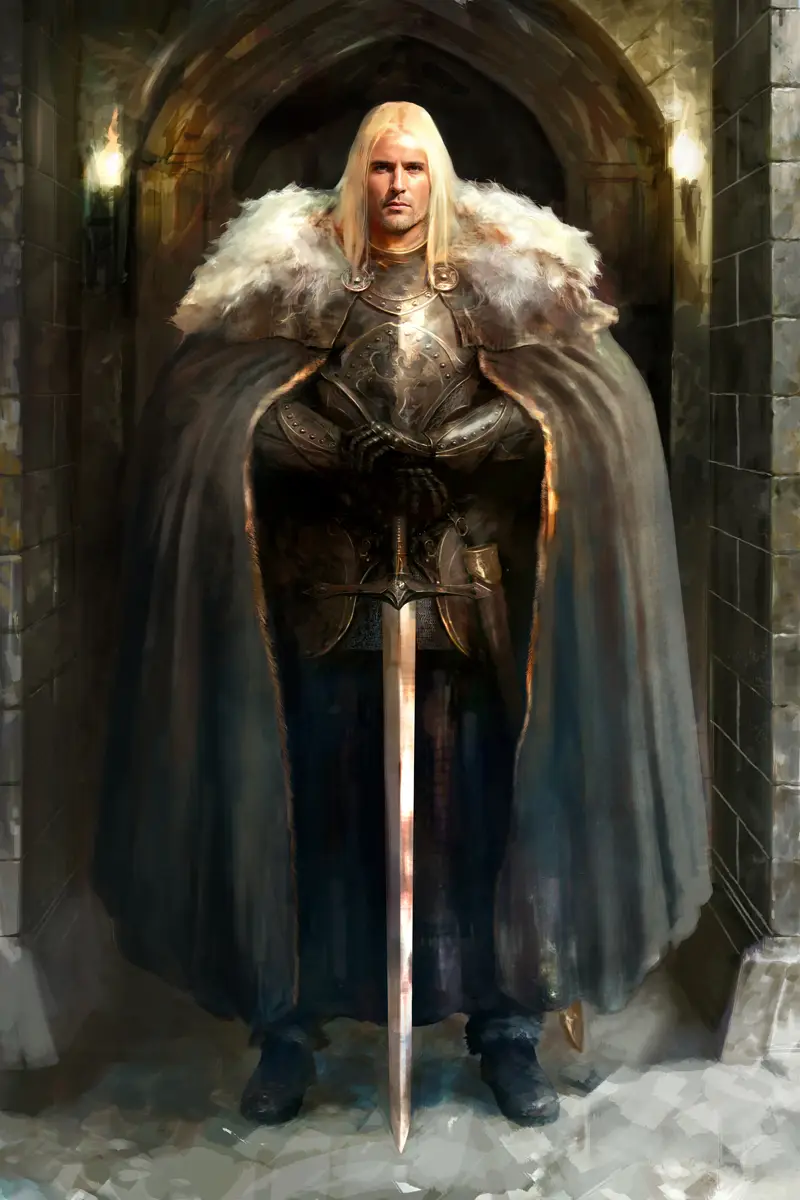A stern-looking man with long blonde hair stands in a stone archway, clad in ornate dark armor and a heavy fur-lined cloak…