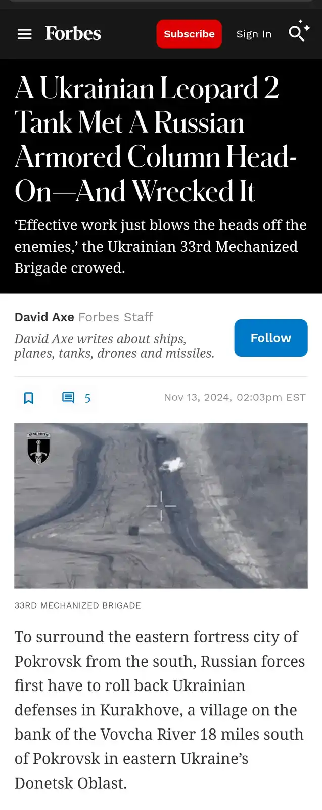 A screenshot of a Forbes article headline about a Ukrainian Leopard 2 tank destroying a Russian armored column. The image…