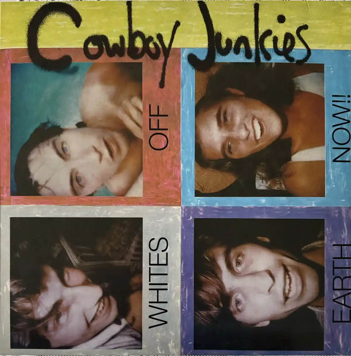 The image is the album cover for 'Cowboy Junkies' featuring four separate photos of band members in different poses and…