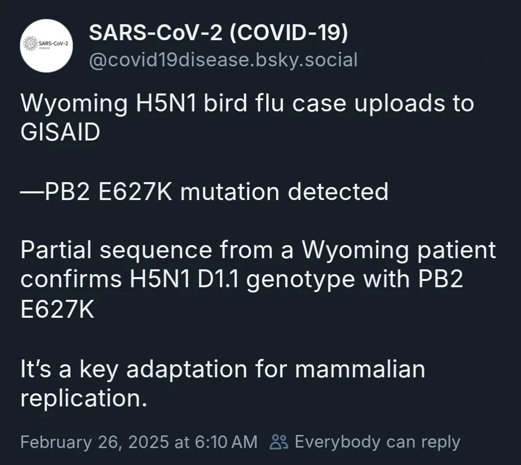 A screenshot of a social media post from a profile named 'SARS-CoV-2 (COVID-19)' detailing a Wyoming H5N1 bird flu case…