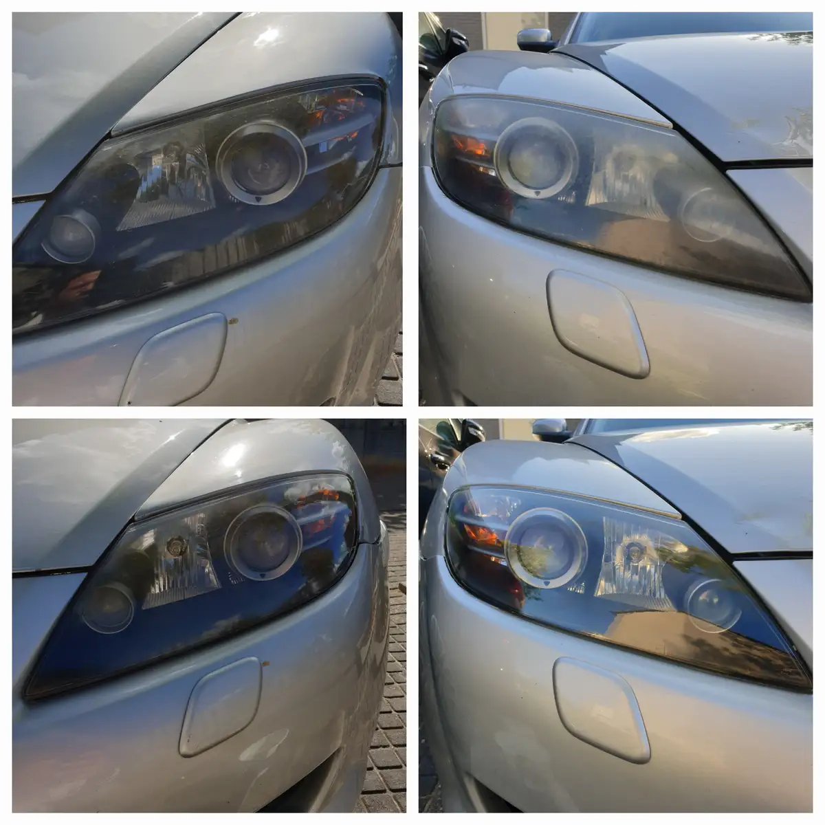 Four-panel image shows a silver car's headlight before and after cleaning, with the top-left and bottom-right panels showing…