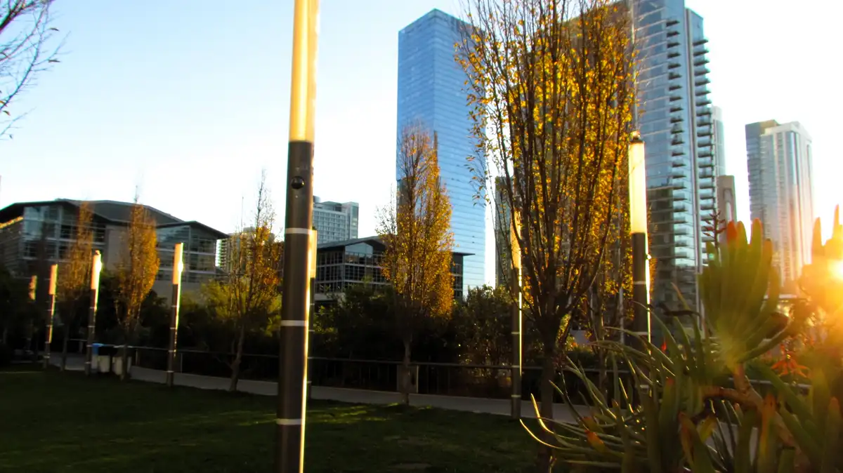 A serene urban park scene at sunset, featuring tall modern lampposts glowing warmly, trees with golden leaves, and a…