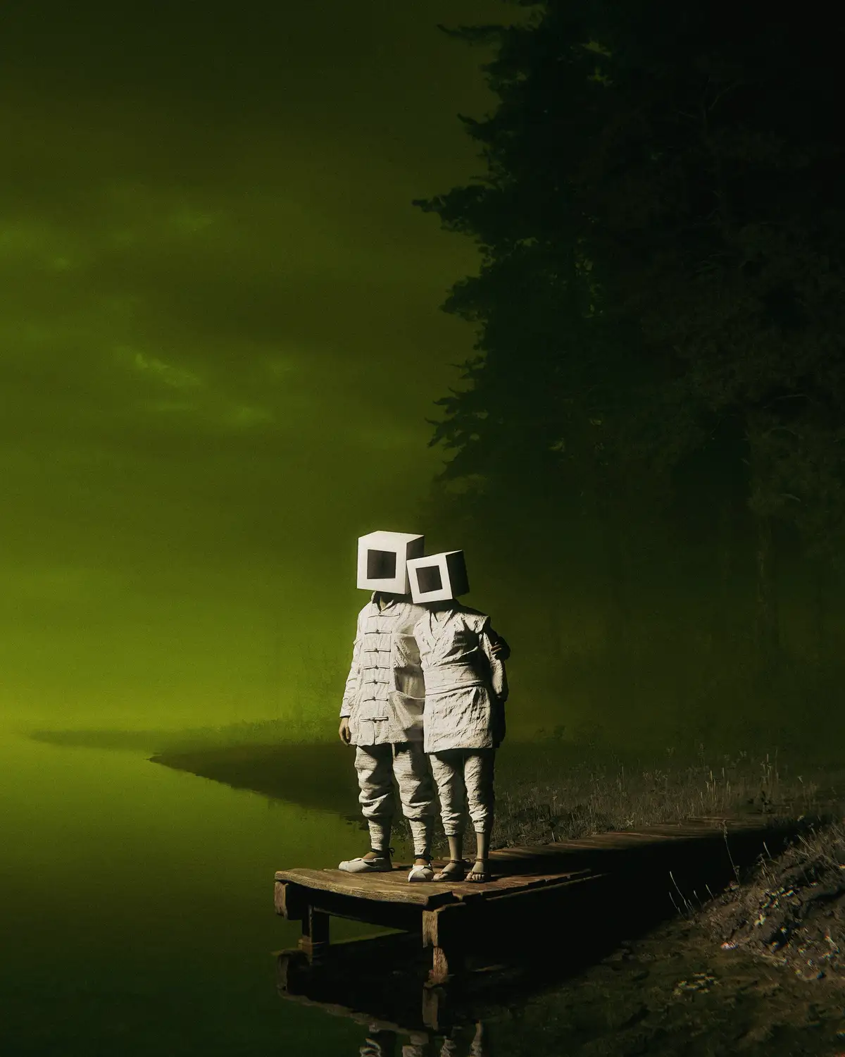 Two figures in white, textured outfits stand on a wooden dock by a green-hued body of water, their heads replaced by white…