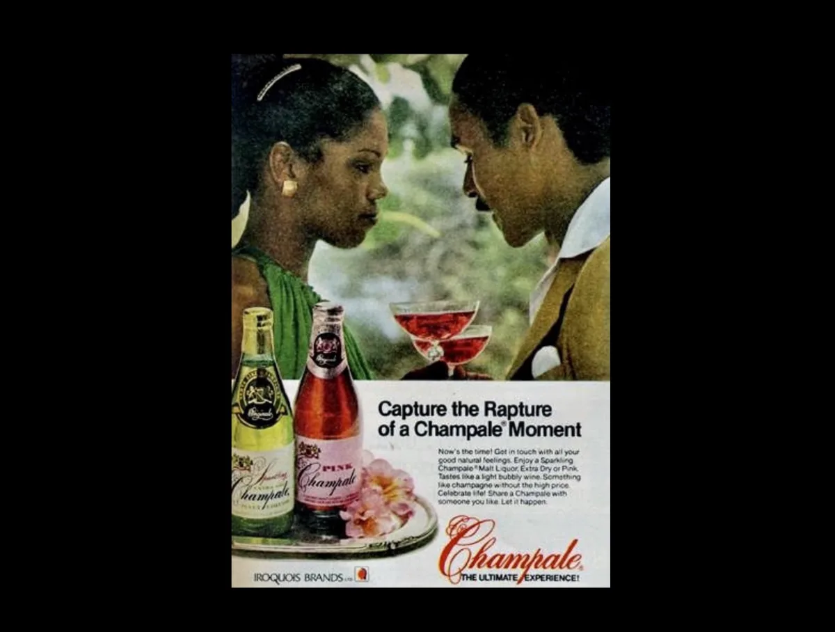 A vintage 1970s advertisement for Champale, featuring a man and woman in profile facing each other intimately, holding…