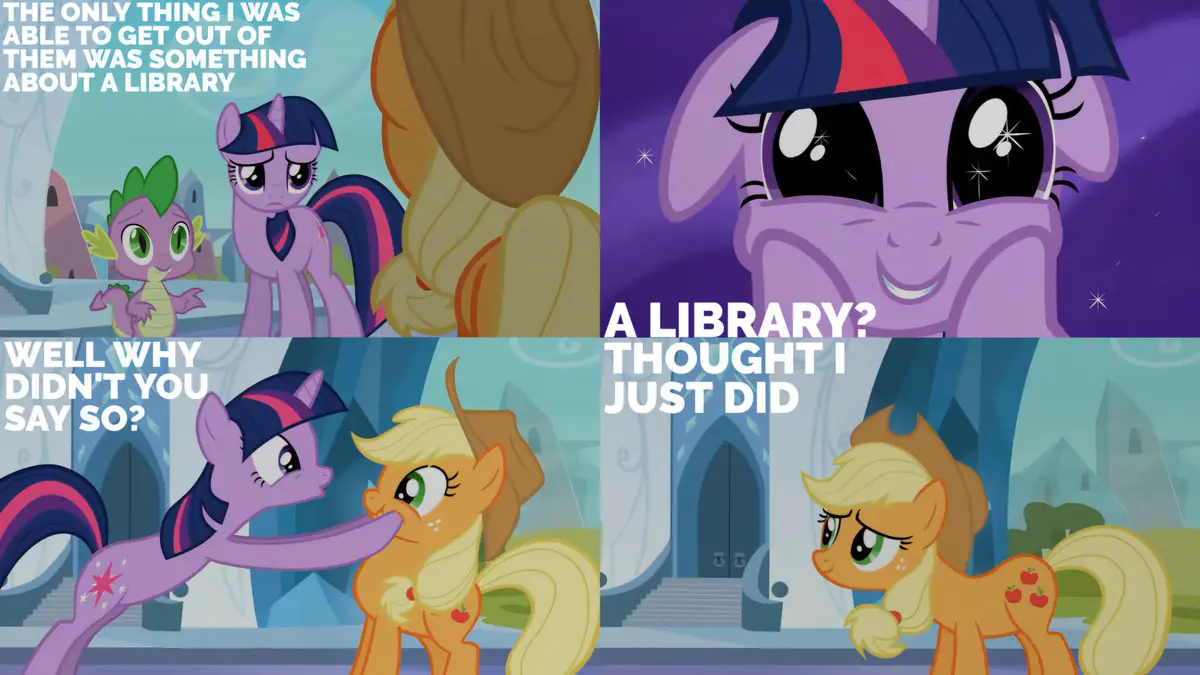 A four-panel meme featuring Twilight Sparkle and Applejack from My Little Pony. The first panel shows Twilight looking sad…