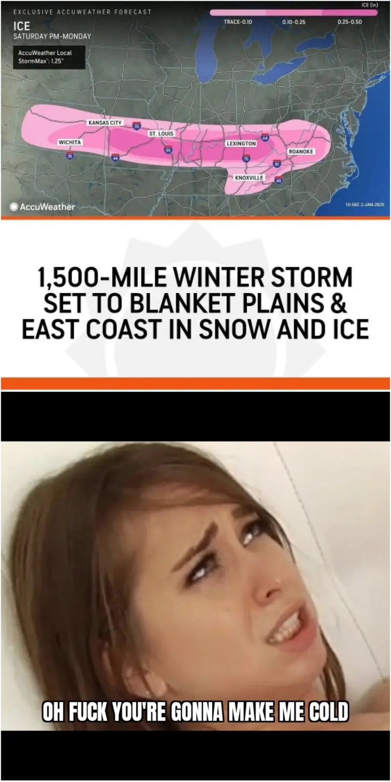 The image displays an AccuWeather ice forecast map showing a large pink area covering cities like Wichita, St. Louis…