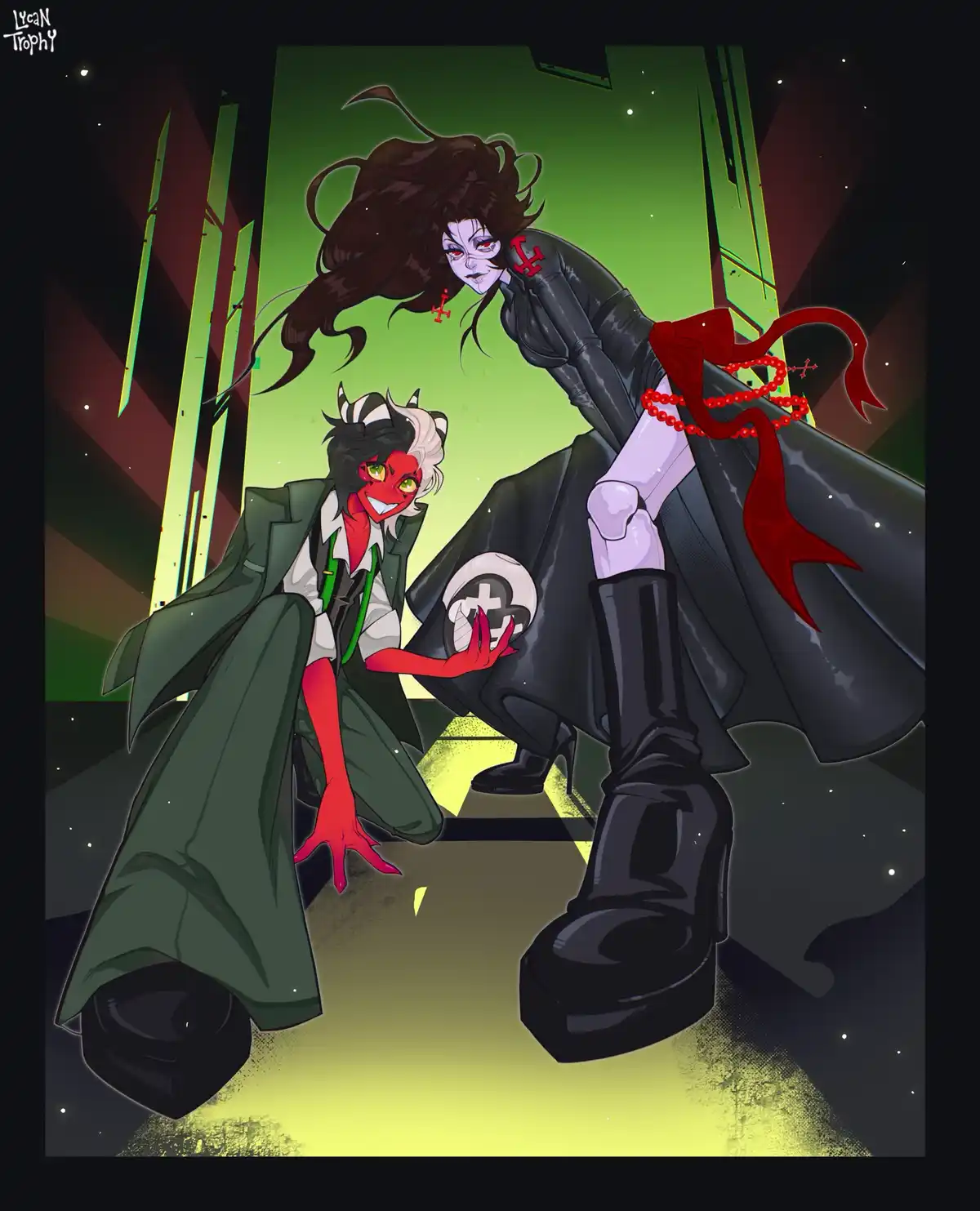 An anime-style illustration shows a small, red-skinned devil with horns and a green coat kneeling before a towering…