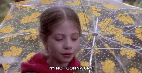 A six-panel meme showing a young girl holding a transparent umbrella with yellow floral patterns. In the top row, she looks…