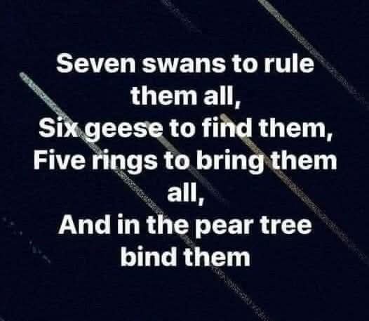 A dark blue background with diagonal white streaks, overlaid with white text that reads: 'Seven swans to rule them all, Six…