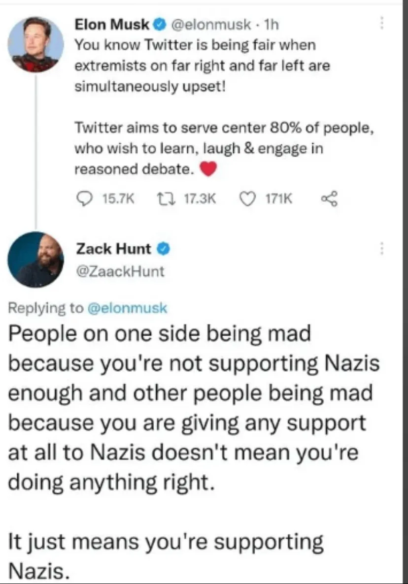 A screenshot of a Twitter thread shows Elon Musk claiming Twitter is fair because extremists on both far left and far right…