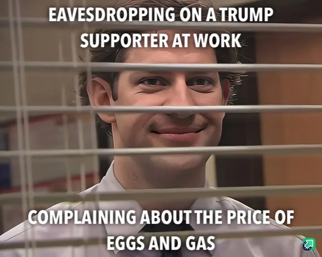 A man with a smug, knowing smile peers through office blinds. White text overlaid at the top reads 'EAVESDROPPING ON A TRUMP…