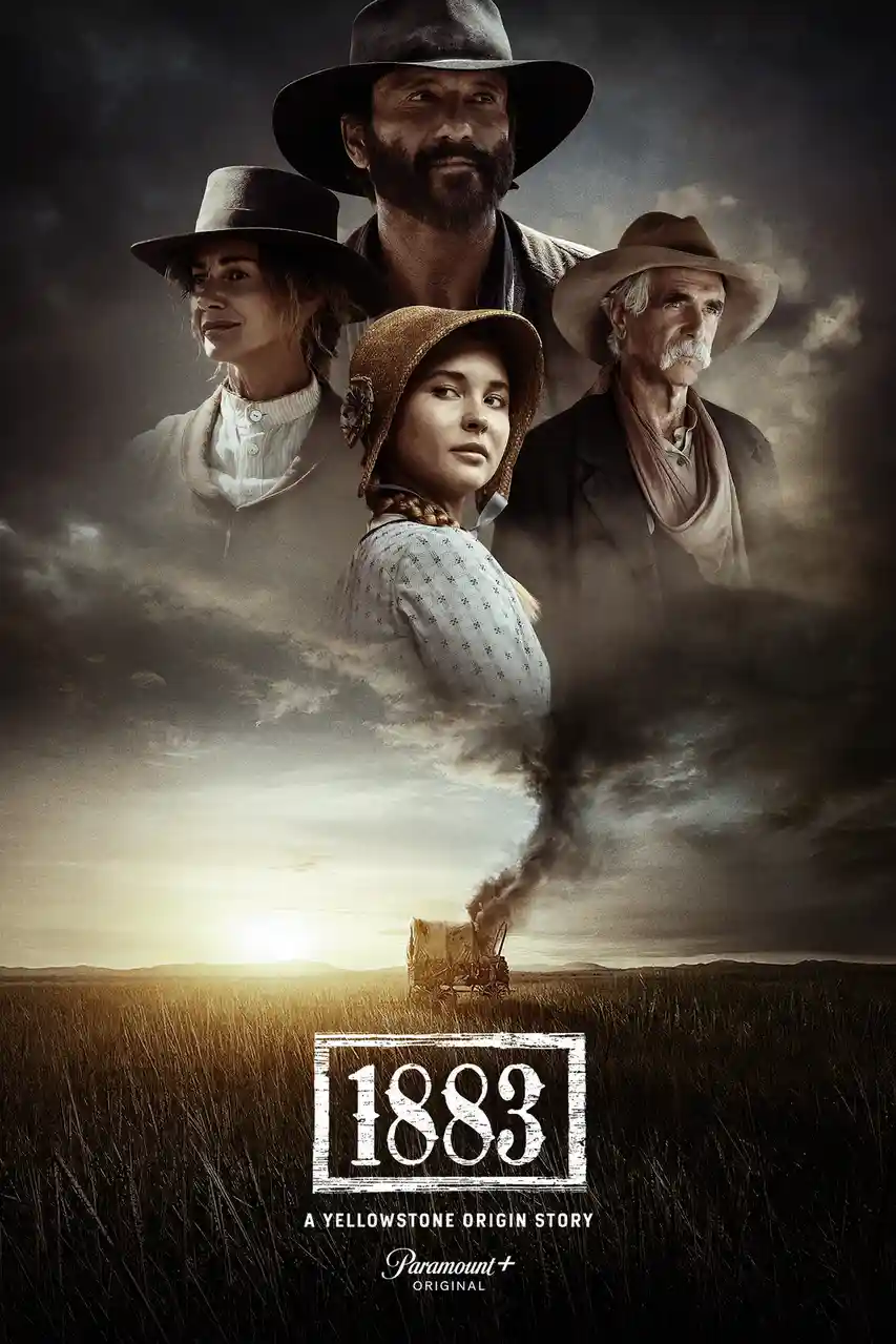 A promotional poster for the TV series '1883' shows four characters in period western attire against a dramatic sky, with a…