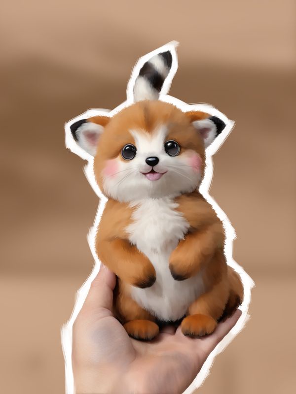 A digitally rendered, cute, cartoonish fox-like creature with large eyes, pink cheeks, and a white chest is being held…