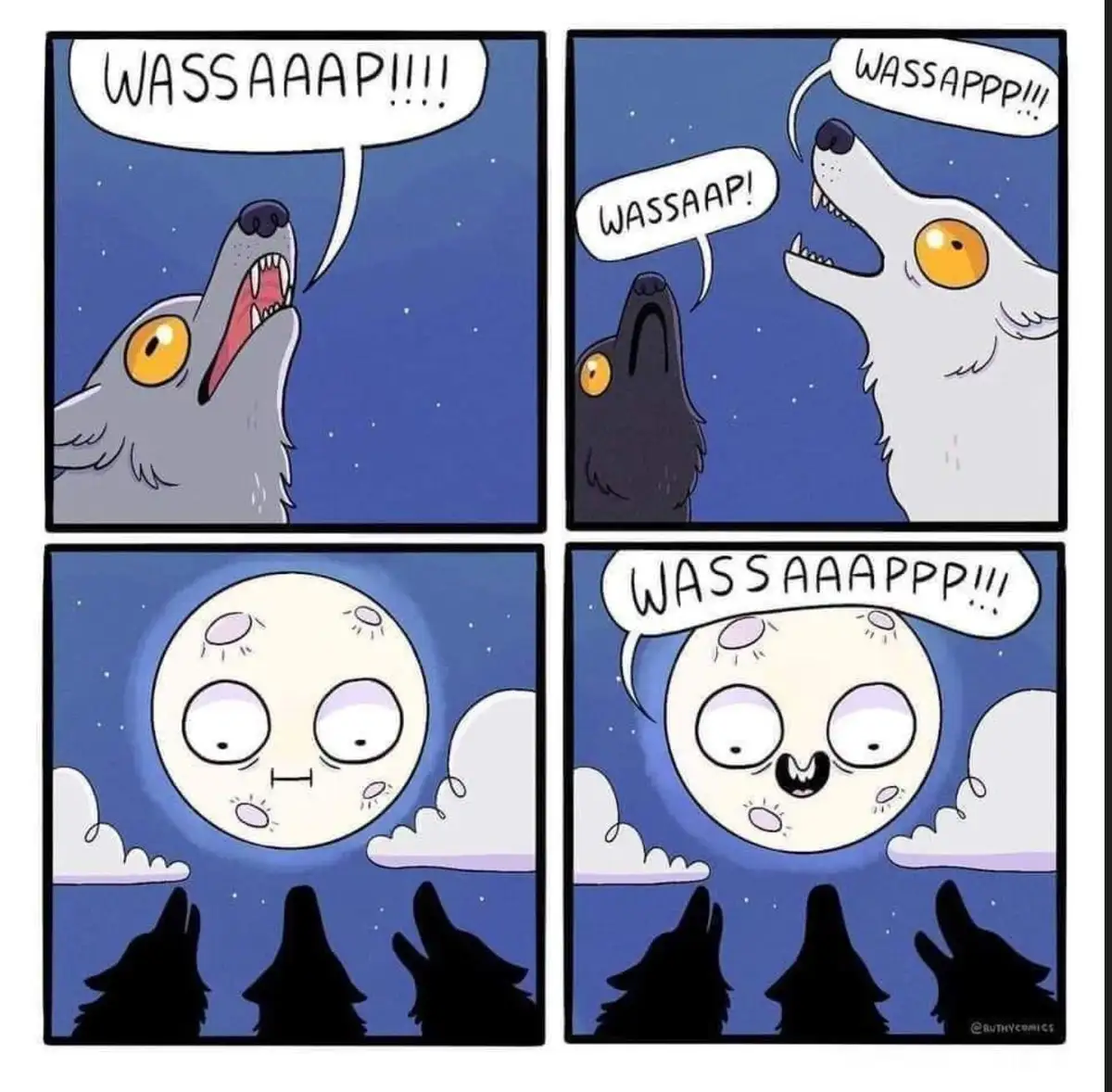 A four-panel comic shows wolves howling at the moon with increasingly exaggerated versions of 'Wassap' text bubbles. The…
