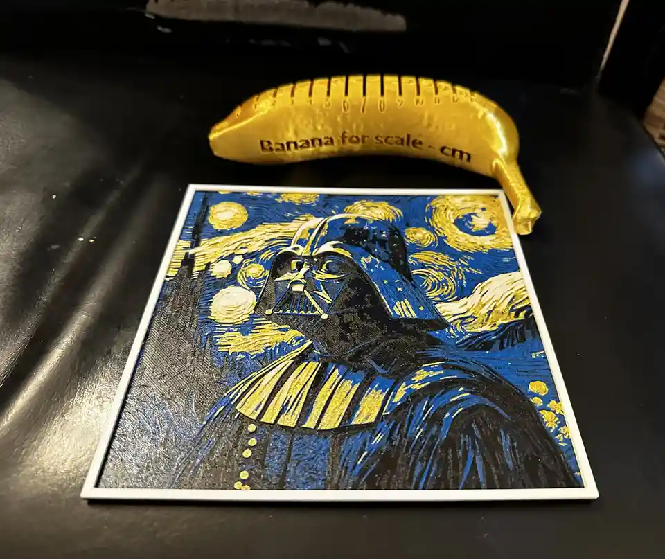 A framed artwork depicts Darth Vader in the style of Vincent van Gogh's 'Starry Night,' with swirling blue and yellow skies…