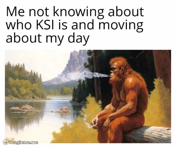A painting depicts a large, orange-furred ape sitting on a log by a river, smoking a cigarette and exhaling smoke. The text…