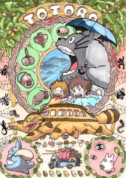 A colorful, illustrated collage featuring characters from the Studio Ghibli film 'My Neighbor Totoro'. The large, gray…