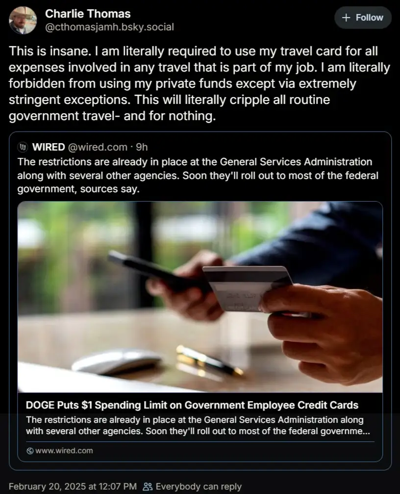A screenshot of a social media post by Charlie Thomas reacting to a Wired article. The article headline reads 'DOGE Puts $1…