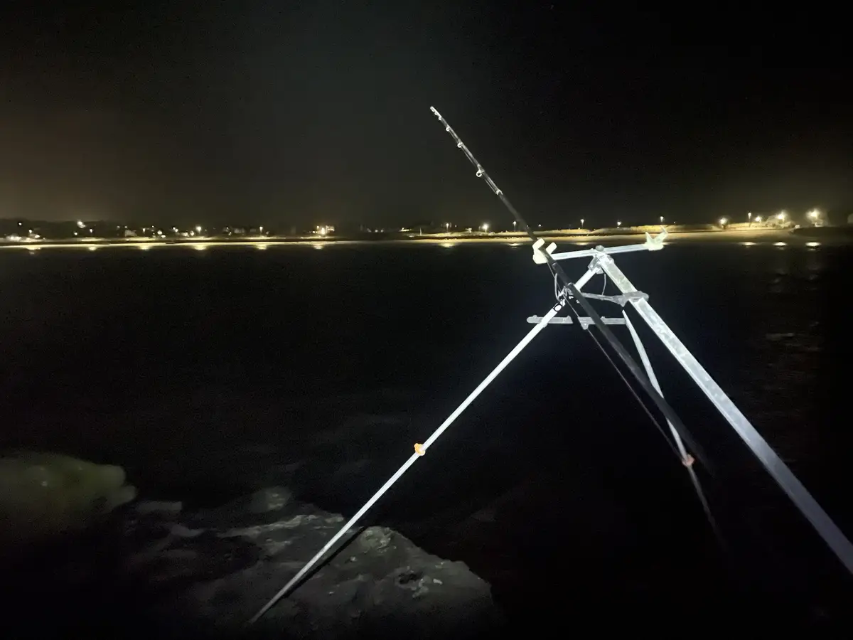 A fishing rod is mounted on a tripod-like metal stand set up on a rocky shoreline at night, with city lights reflecting on…