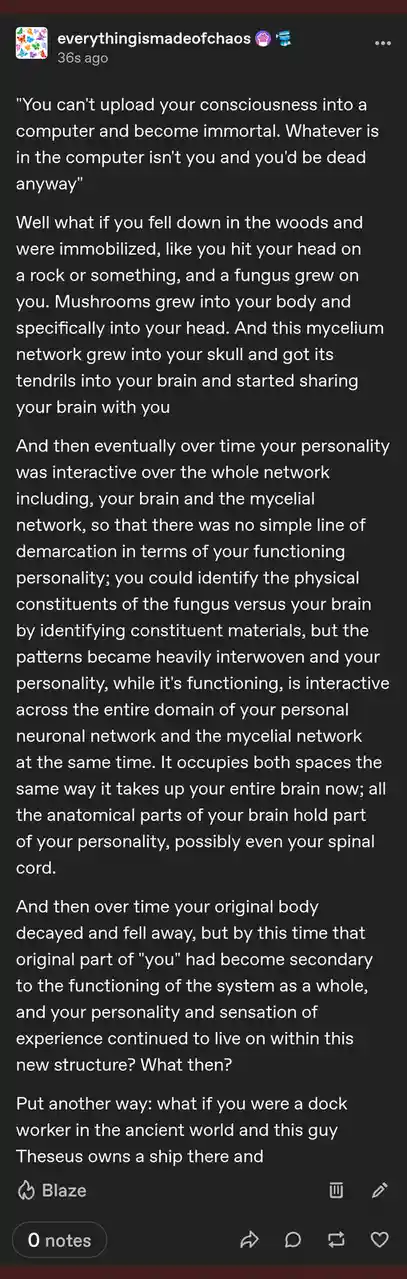 A screenshot of a Tumblr post by 'everythingismadeofchaos' featuring a long text block in white font on a dark background…