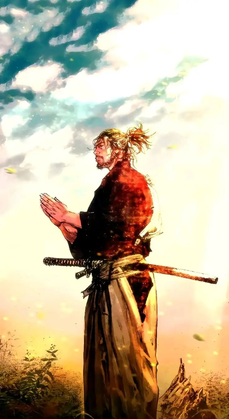 A man in traditional Japanese samurai attire stands in profile against a bright, cloudy sky, hands clasped in prayer, with a…