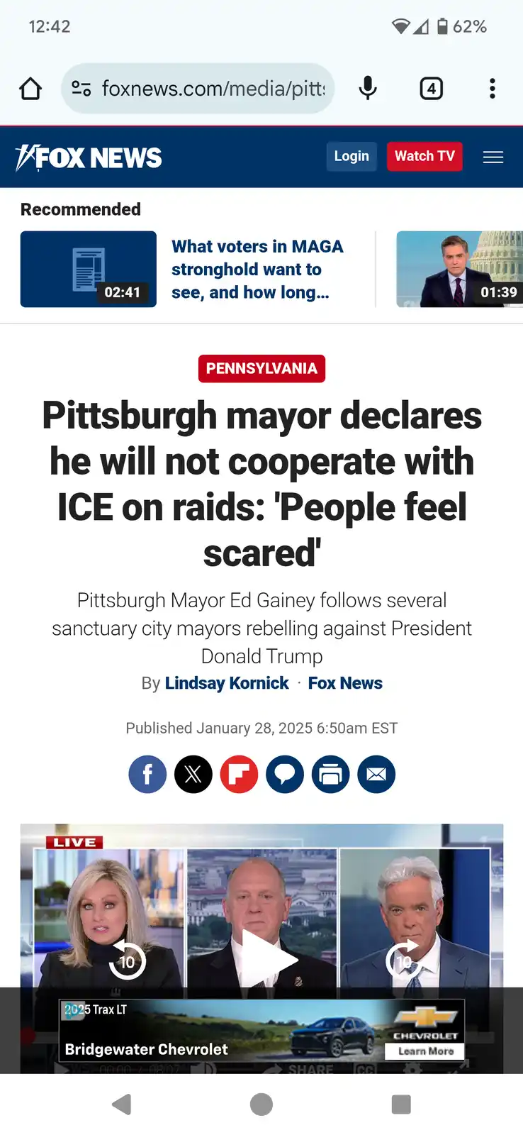 A screenshot of a Fox News mobile article from January 28, 2025, about Pittsburgh Mayor Ed Gainey refusing to cooperate with…