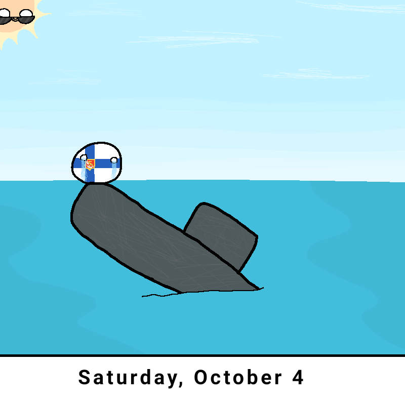 A cartoon Finland ball character with a blue and white flag face and a small crest is floating in a gray inflatable tube in…