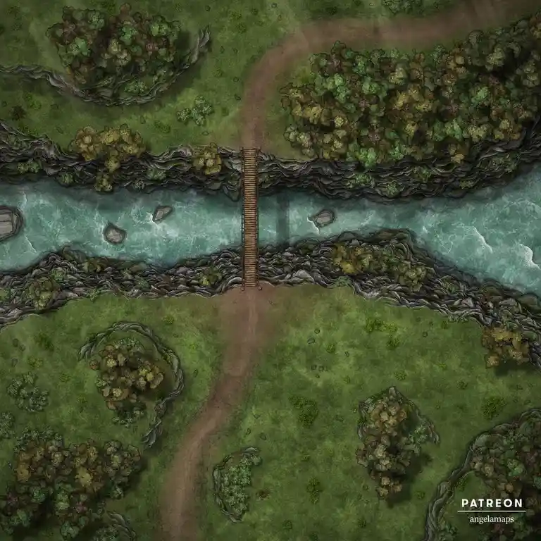 An overhead fantasy map depicts a narrow wooden suspension bridge crossing a fast-flowing river, with dirt paths leading to…