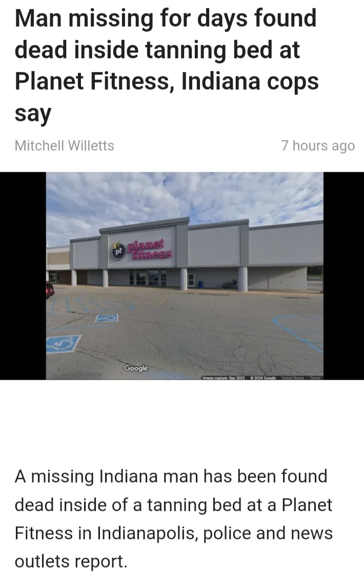 An image of a Planet Fitness gym exterior with overlaid text reporting a man was found dead inside a tanning bed at the gym…