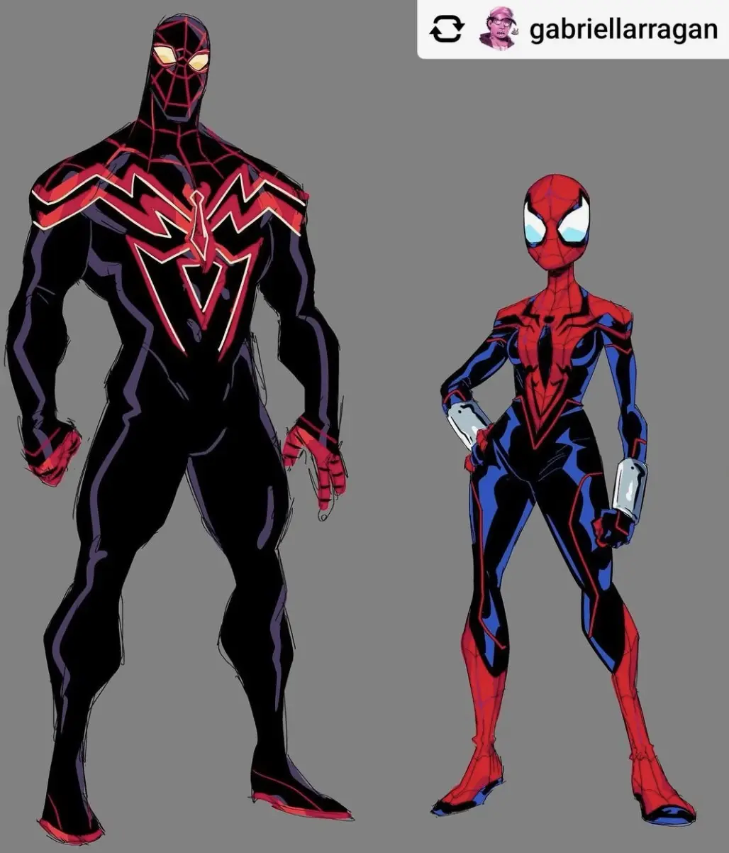 Two full-body concept art illustrations of Spider-Man characters stand side-by-side against a plain gray background. The…