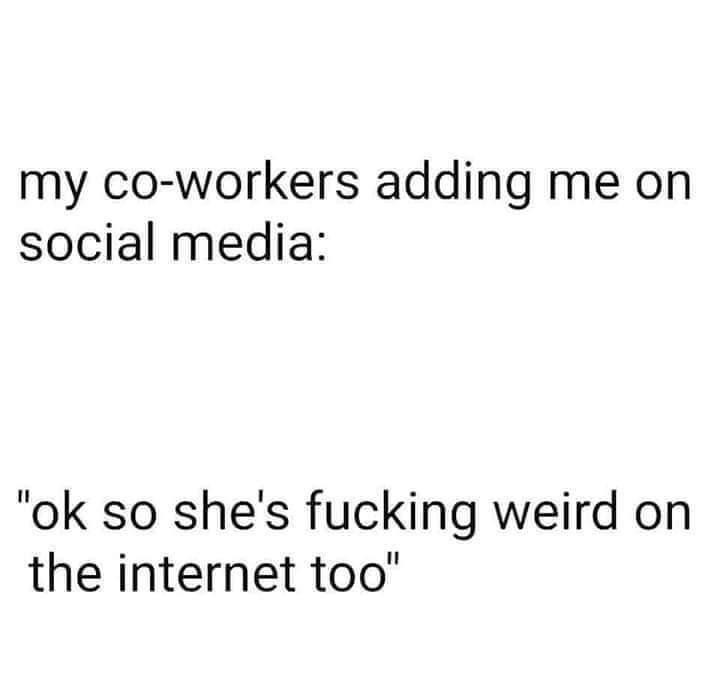 A plain white background with two blocks of black text. The top text reads 'my co-workers adding me on social media:' and…