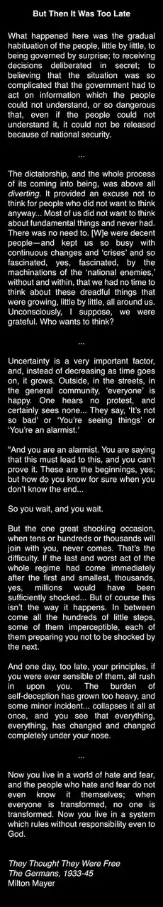 The image displays a black background with white text, showing an excerpt from Milton Mayer's book 'They Thought They Were…