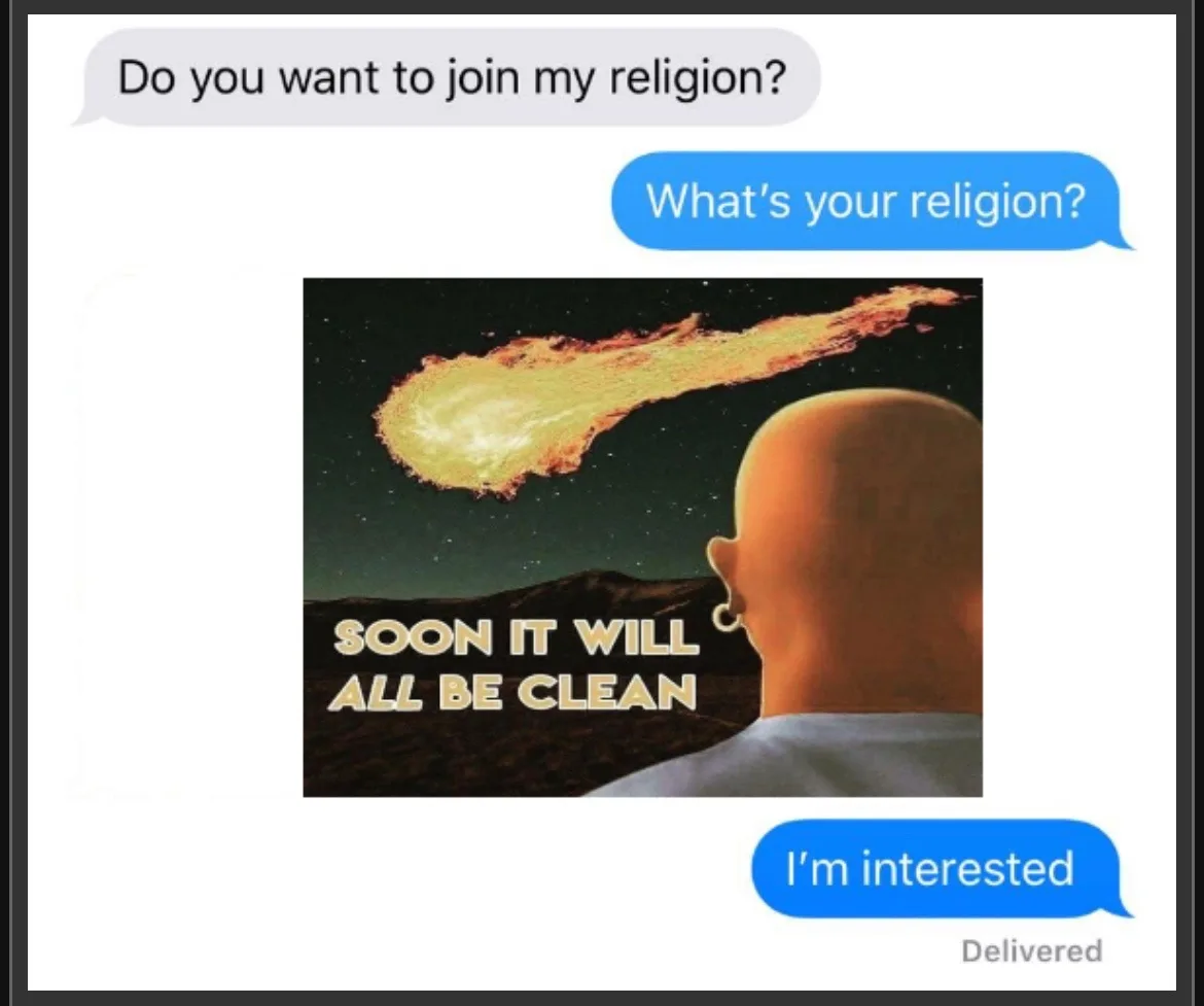 A screenshot of a text conversation shows a user asking if the recipient wants to join their religion, followed by the…