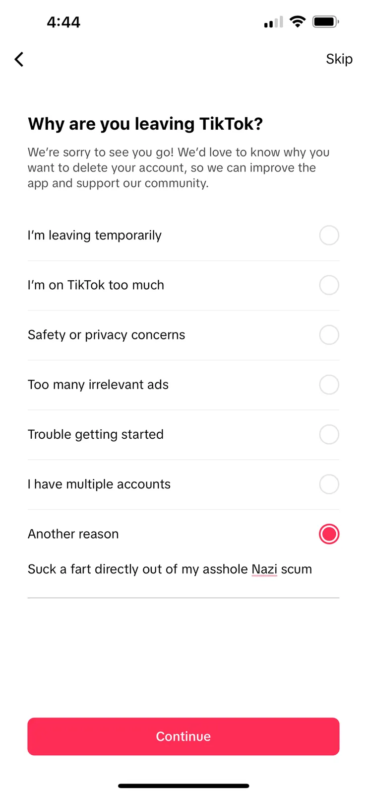 A screenshot of a TikTok account deletion survey asking 'Why are you leaving TikTok?' with options like 'I'm leaving…