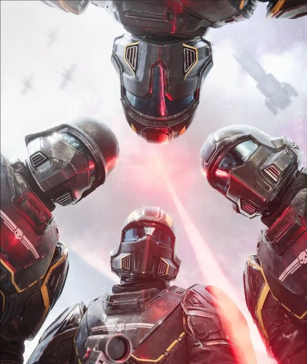 Four armored soldiers in futuristic black and gold combat gear are shown from a low-angle perspective, looking up at a…