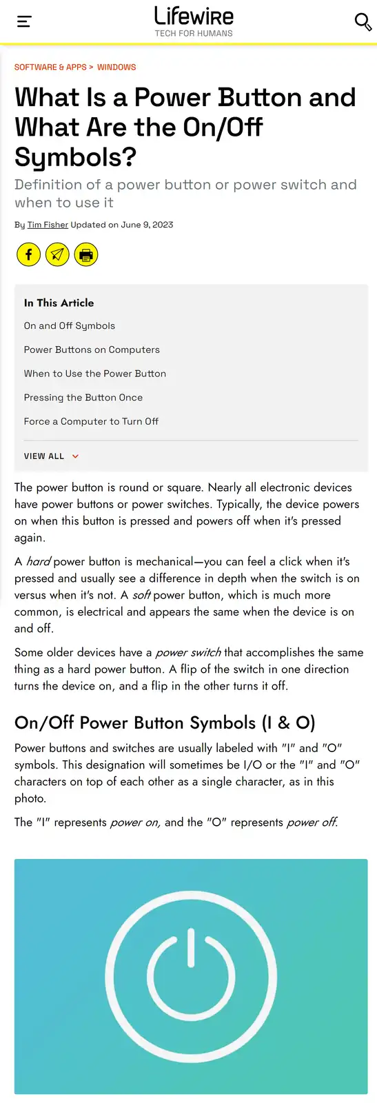 A screenshot of a Lifewire article titled 'What Is a Power Button and What Are the On/Off Symbols?' shows a teal background…