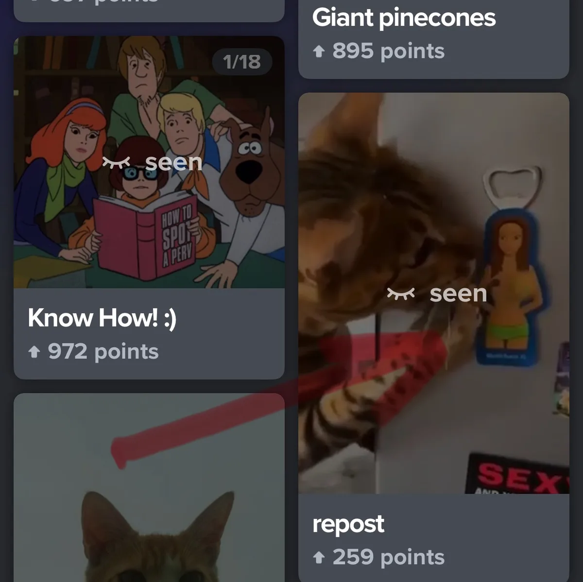 A screenshot of a Reddit-style interface showing three posts. The top-left post features a cartoon image of Scooby-Doo and…