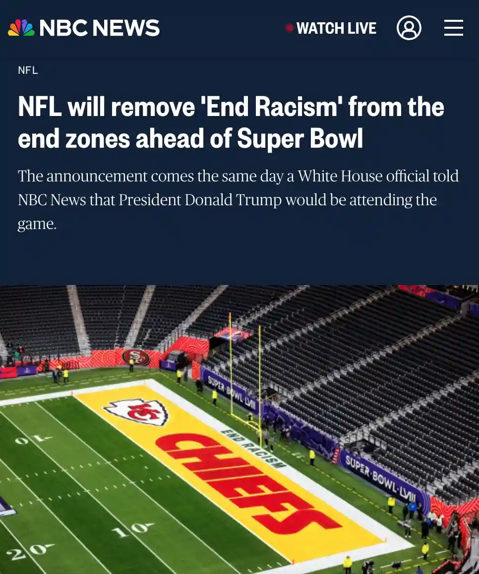 An NBC News article screenshot shows a football field with 'END RACISM' painted on the end zone near the Chiefs logo…