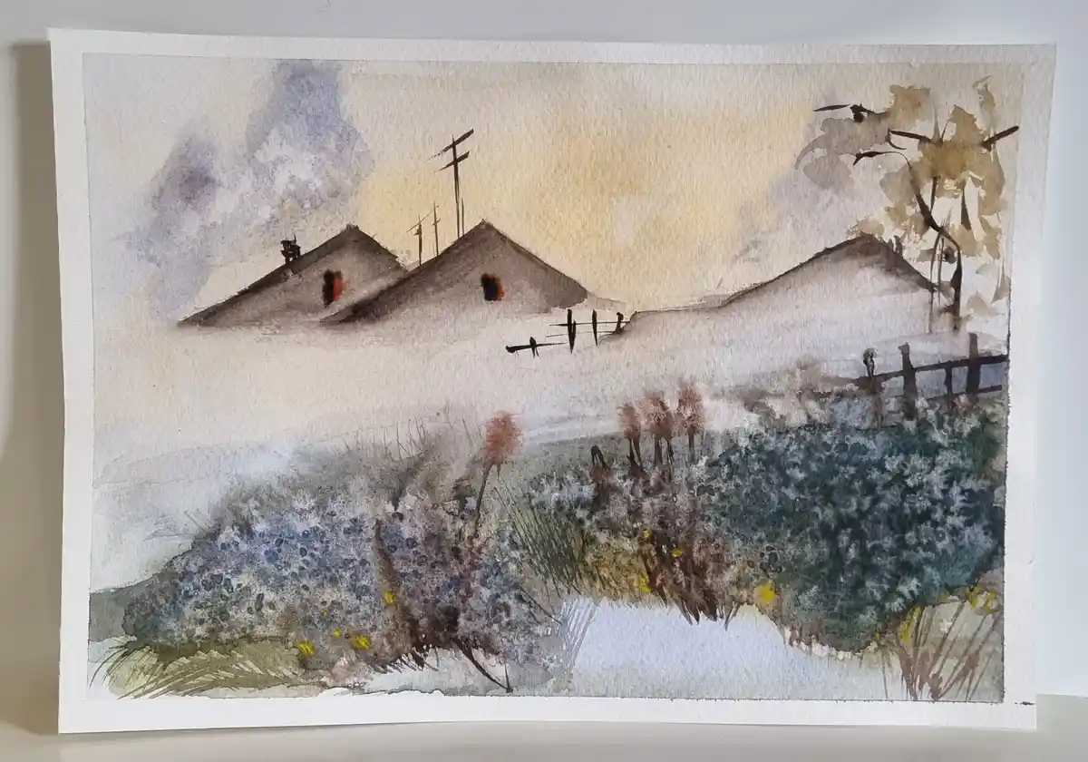 A watercolor painting depicts a rural landscape with three simple houses on a hill, a wooden fence, and wildflowers in the…